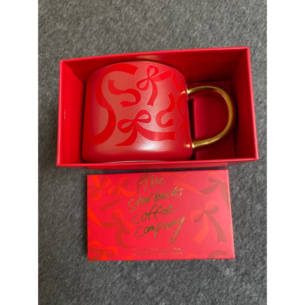 Starbucks 2025 Limited Edition Red Ribbon Bow Ceramic Mug Gold Handle 14oz NIB